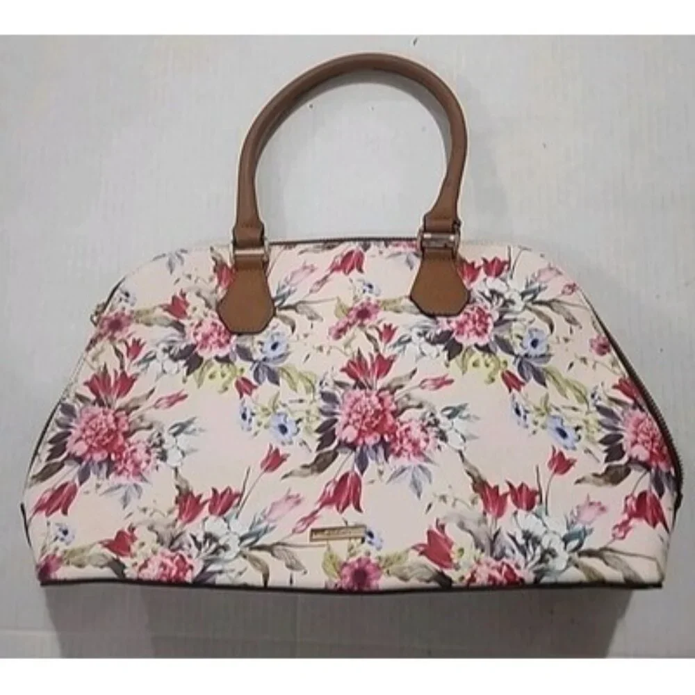 Floral Print Satchel Handbag in Cream and Brown